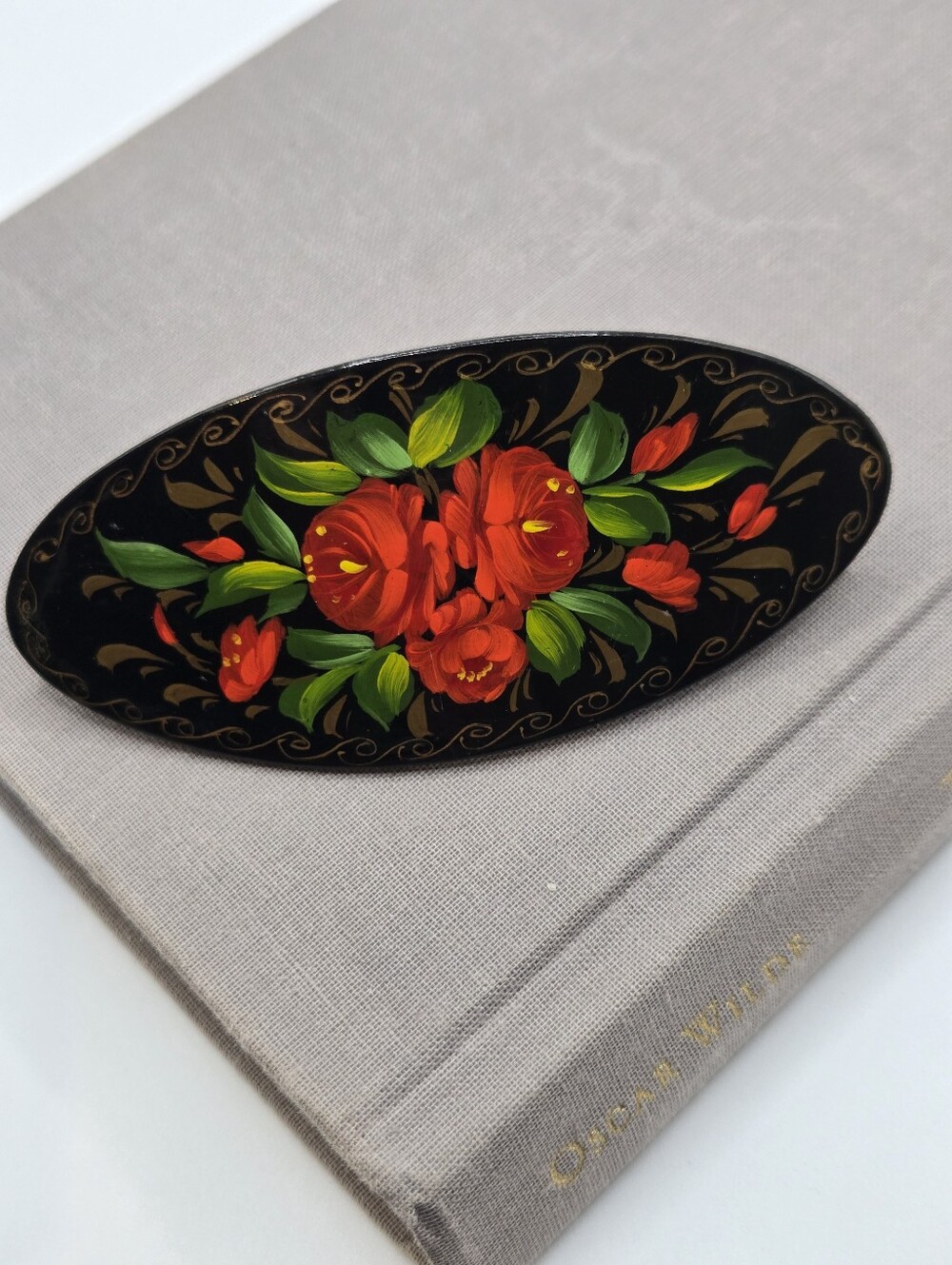 Vintage Russian Hand Painted Wood Hairclip Oval Shape Floral Painting 80s 90s